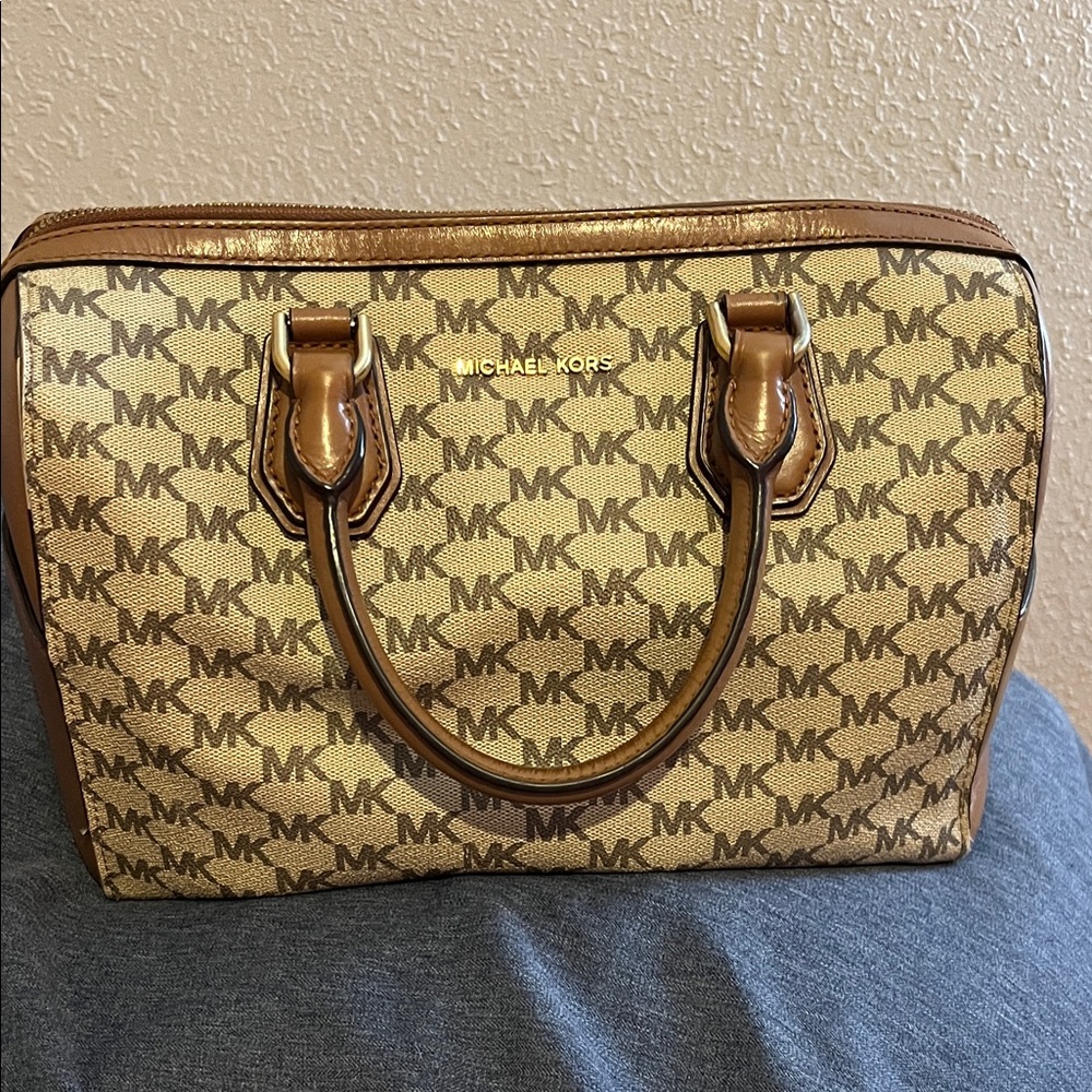 Michael Kors Tan and Brown Monogram Satchel REHAB BAG